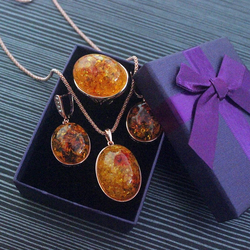 Ajojewel Oval Stone Orange Imitation Amber Jewelry Set High Quality Fashion Jewelry For Beautiful Women