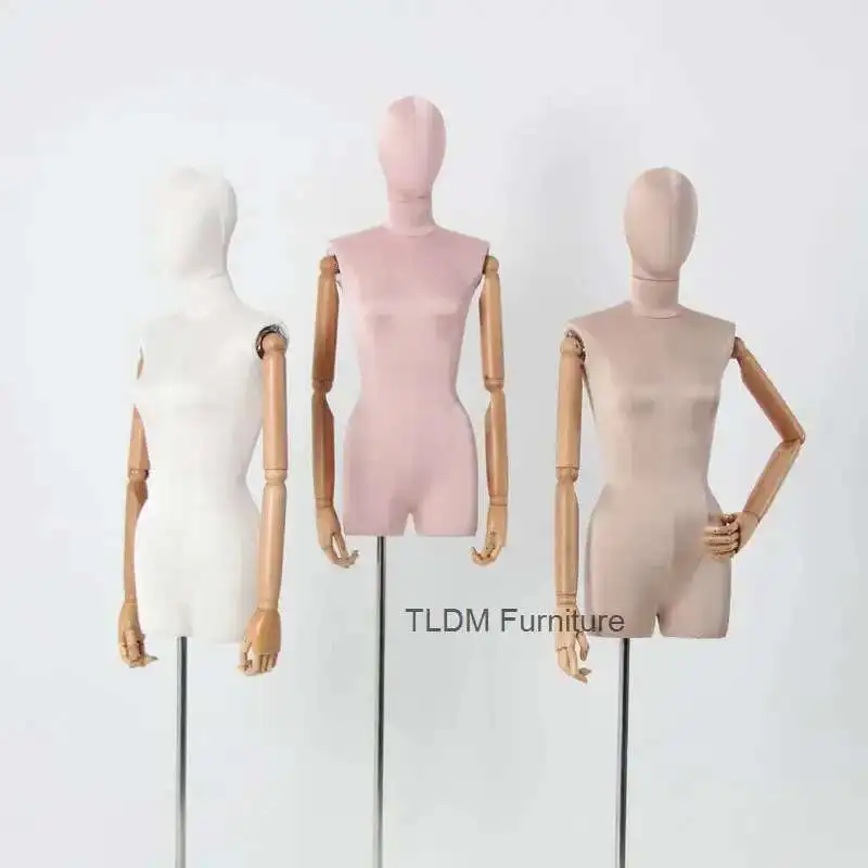 

High-quality Wooden Arms Fabric Cover Female Head Full Cloth Mannequin Body Metal Base for Wedding Display Women Model