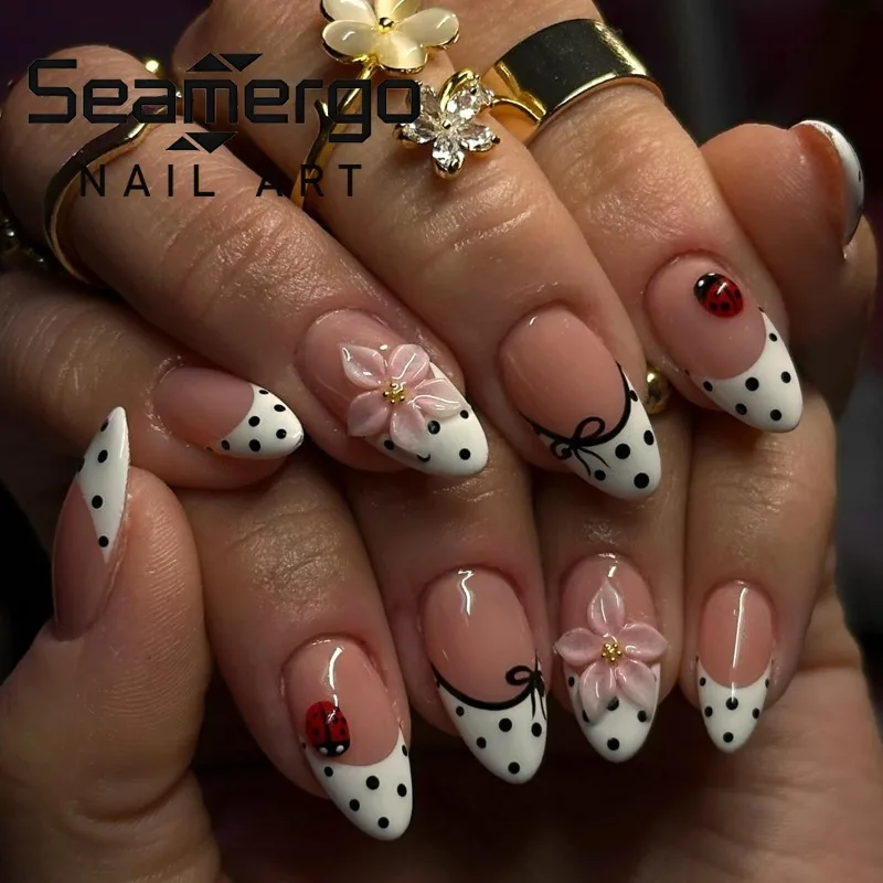 

24PCS White French False Nails Simple Black Polka Dot Bow Almond Press on Nails Sweet Flower Cute Ladybug Patterns Acrylic Nails