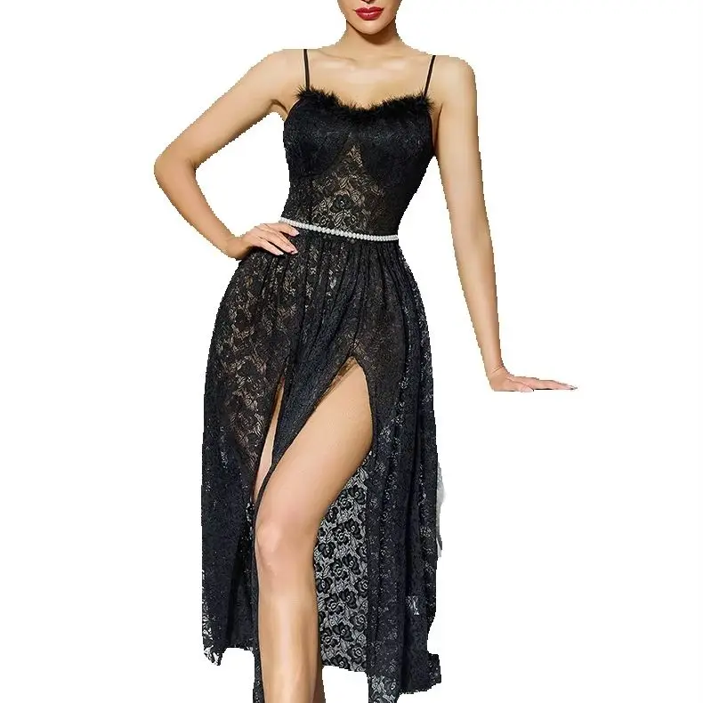 Wholesale Women's Sexy Spaghetti Strap Sleepdress Adult Lady Lace Transparent Dating Dress Thin Nightgwon S