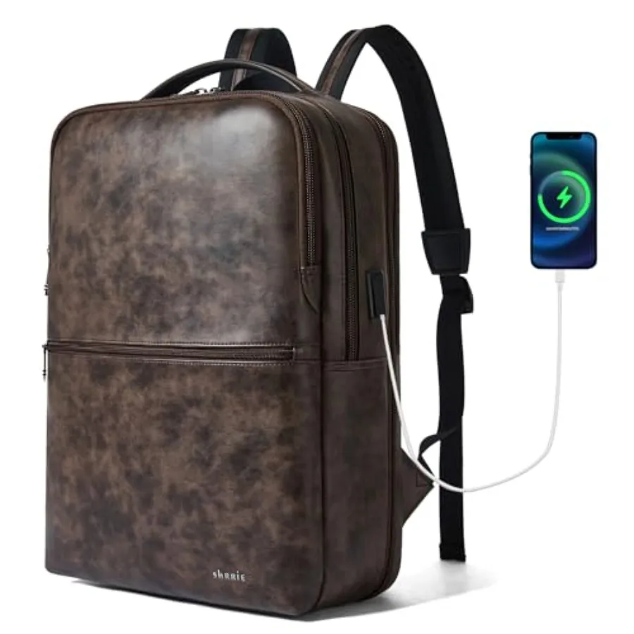 Vegan Leather Laptop Backpack for WomenandMen, 16 Inch Expandable Backpack with USB Charging Port