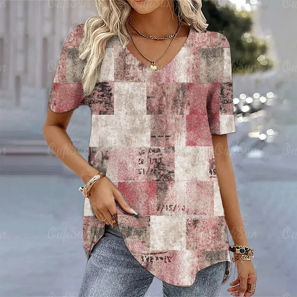 

Vintage Patchwork Women's T-shirt Plaid Tees For Ladies Summer V-Neck Loose Clothing 3D Printed Casual Short Sleeve Female Tops