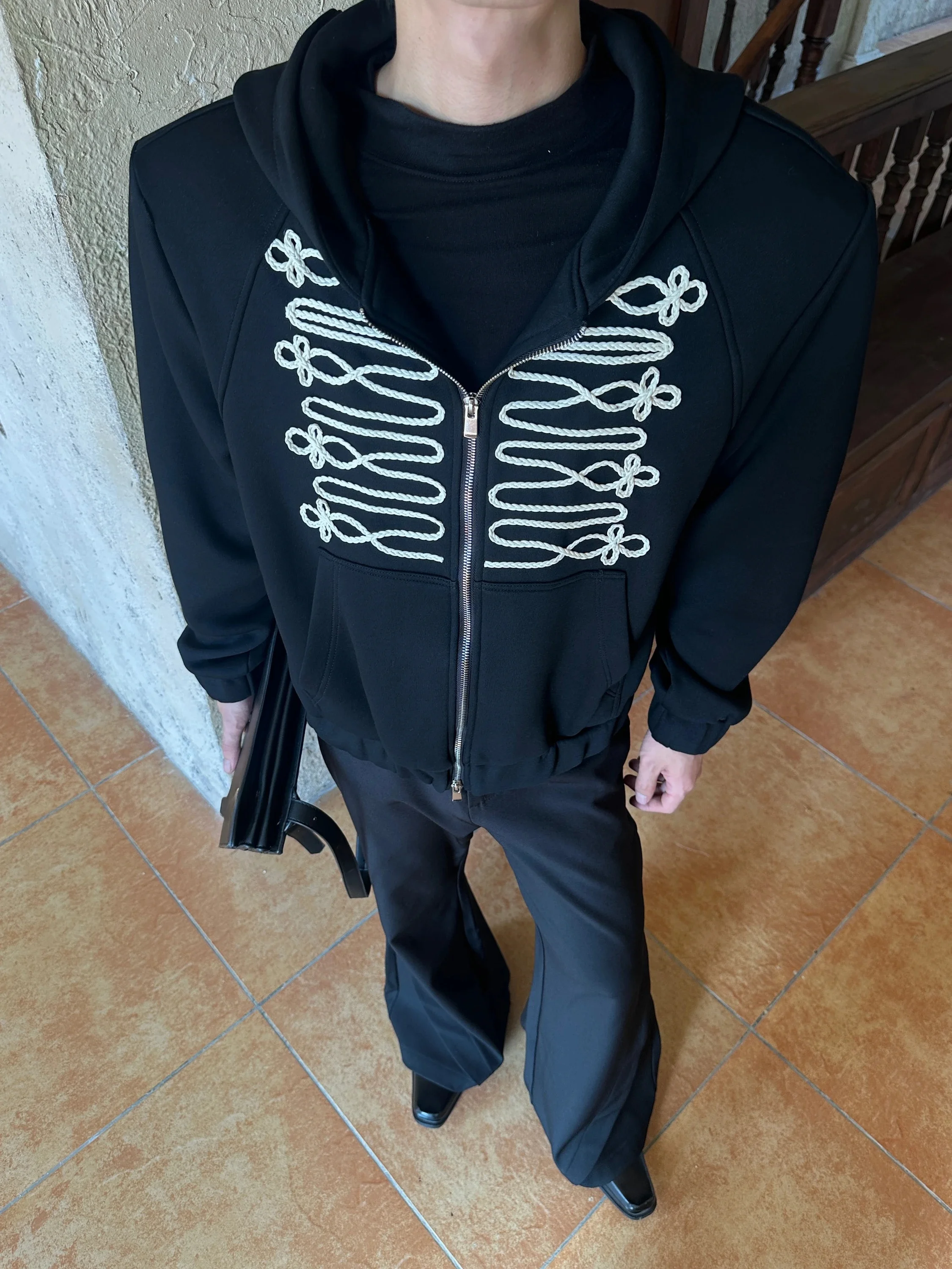 Napoleon Style Zipper Shoulder Pad Sweatshirt Men's Short Wide Fit Hoodie Three-Dimensional Weaving Design Casual Streetwear