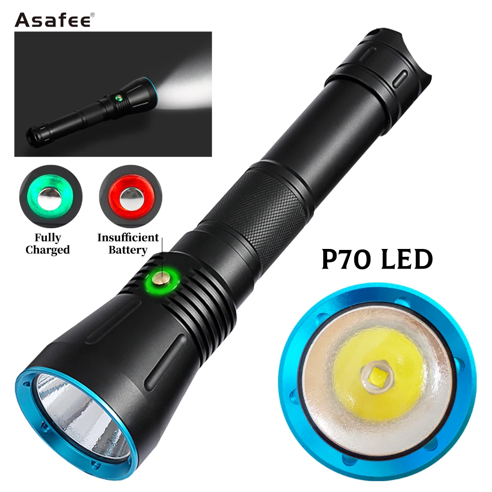 Asafee 50M Diving Flashlight XHP70/SST70 LED 4000LM Press Switch IPX8 Waterproof Scuba Torch 5 Modes Battery Display