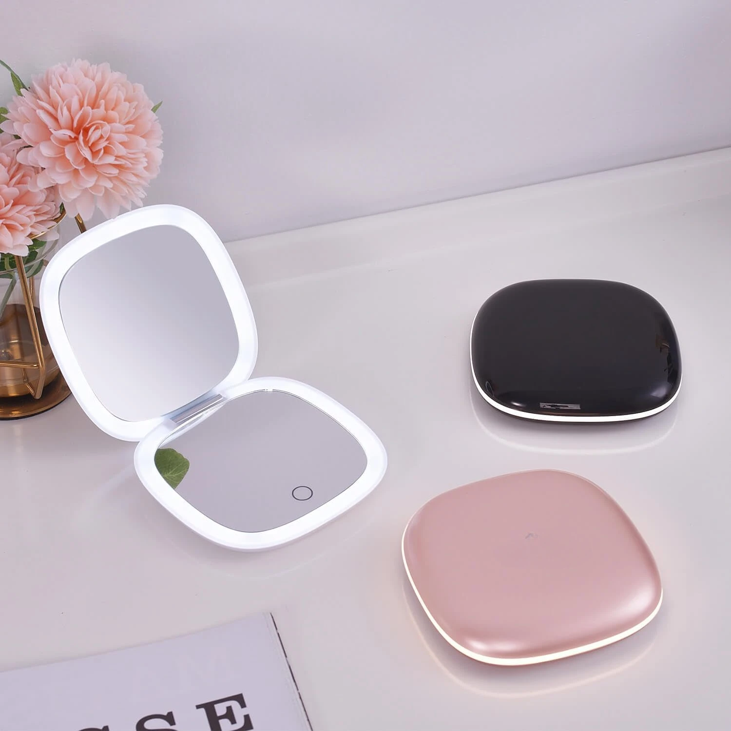 Compact LED Magnifying Travel Makeup Mirror 1X/10X Small Hand Pocket Dimmable 2-Sided USB Rechargeable Touch Screen Portable