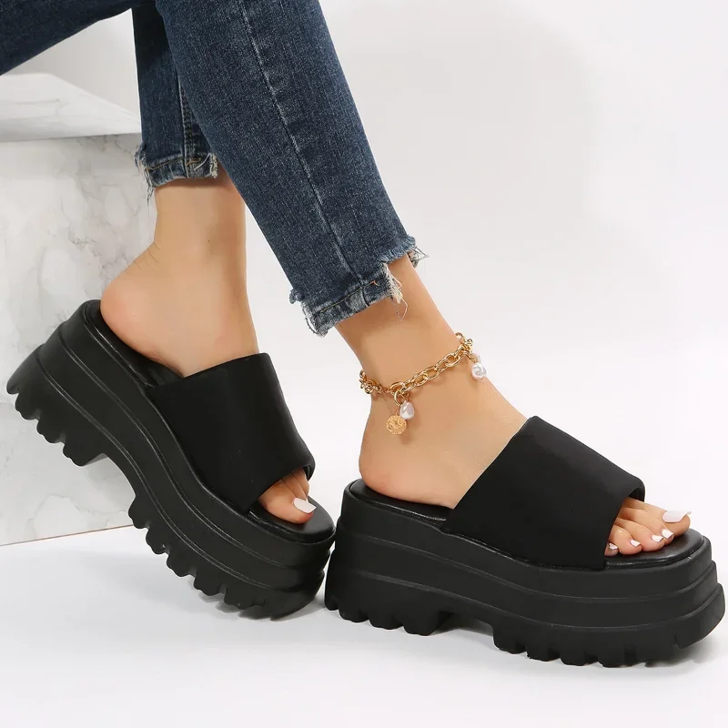 Summer Women Increase Slippers Brand Platform Beach Sandal Black Nylon Chunky Platform Wedges High Heel Slipper Big Size Sandals