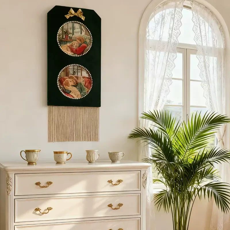 Original Inlaid Glass Alice Style Bow Girl Room Dark Green French Metal Fringed Pearl Decorative Painting
