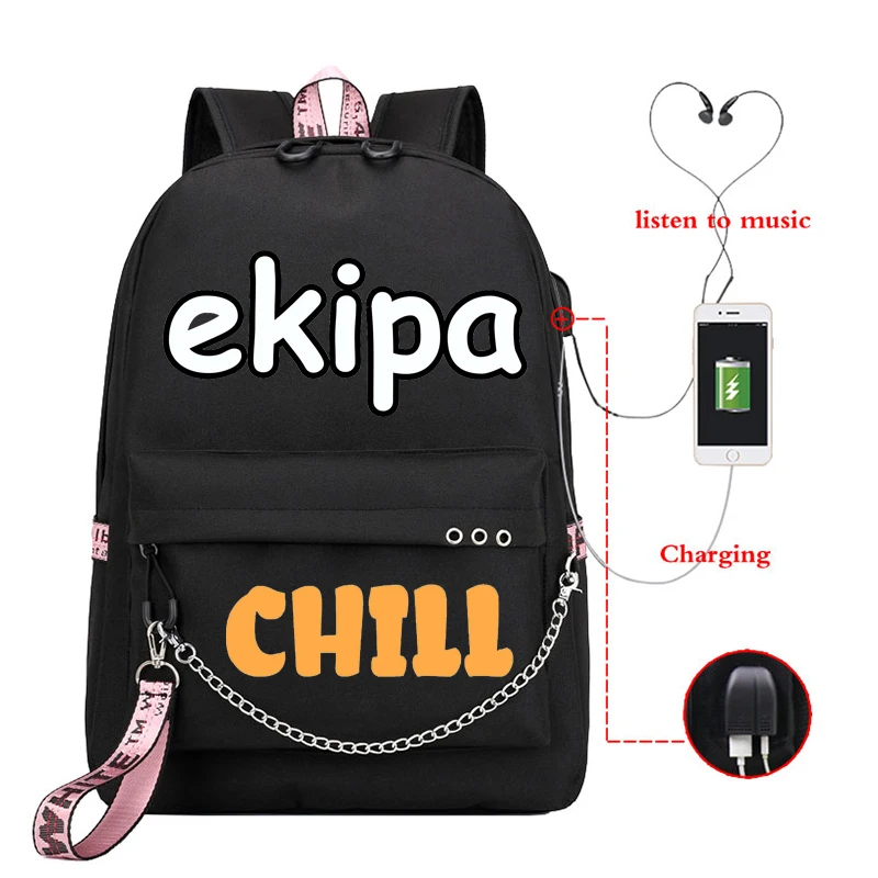 Teen School Bag for Girls Backpack Women EKIPA Printing Bookbags Middle Student Schoolbag Large Black USB Charging Nylon Bagpack