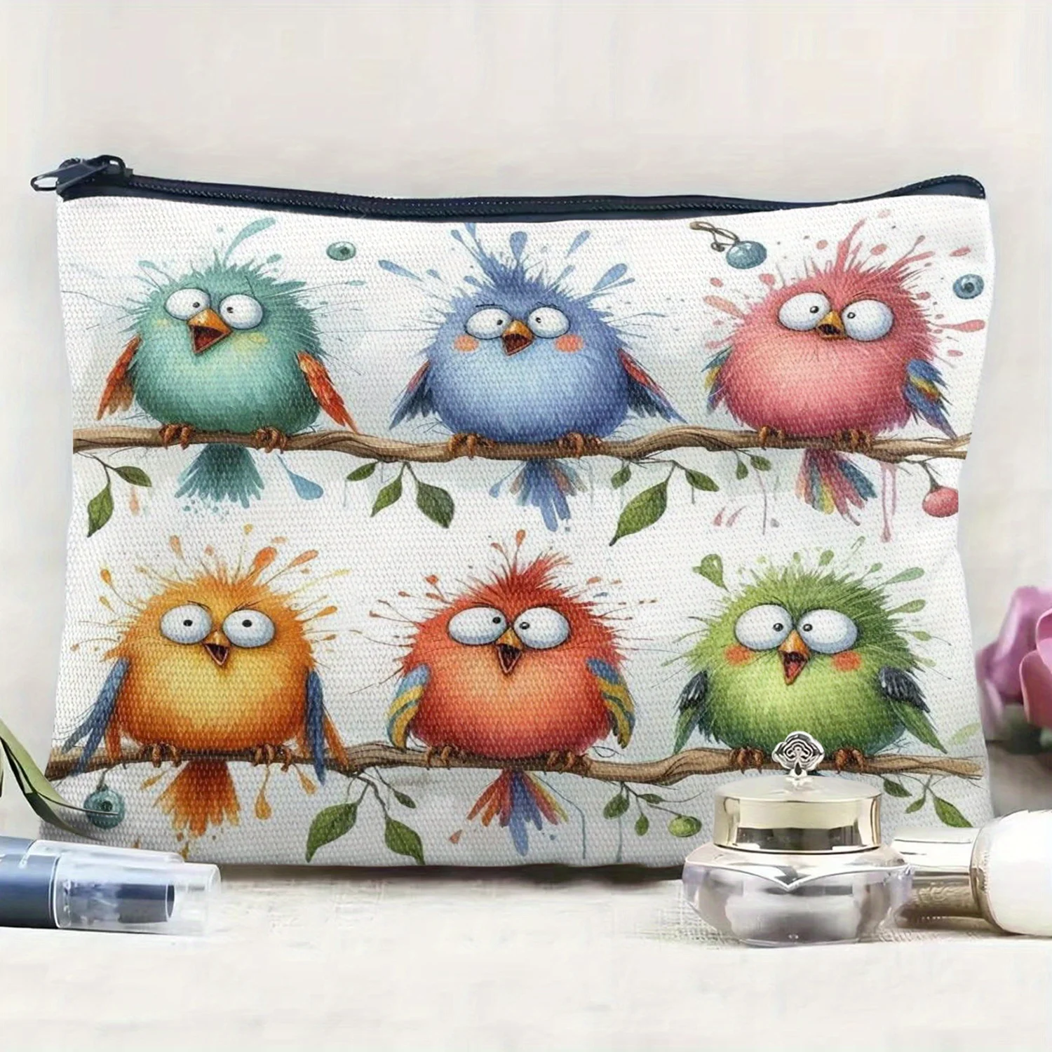Uma bolsa de maquiagem colorida com estampa de pássaros – linda bolsa multifuncional com zíper para mulheres, bolsa de armazenamento de joias