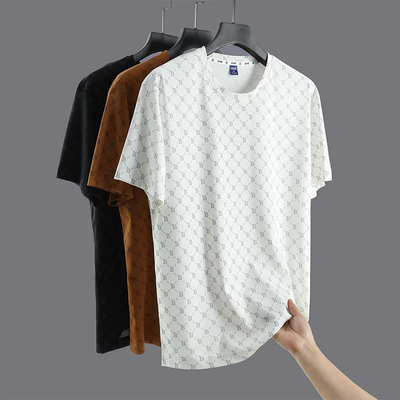 

Мужская футболка больших размеров из ледяного шелка, быстросохнущая, для бега, модная, современная, тонкая, летняя, с круглым вырезом