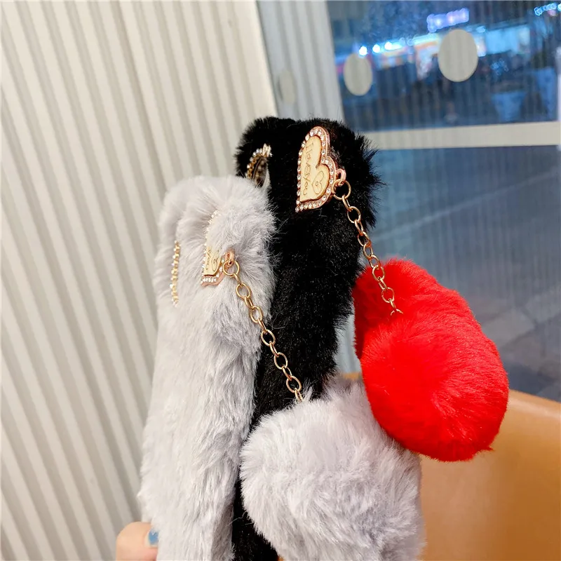 Pendant Plush Case For iPhone 15 14 12 11 Pro Max XS Max XR X 13 Luxury Rabbit Furry Fluffy Soft Cover For iPhone 6 7 8 Plus SE2