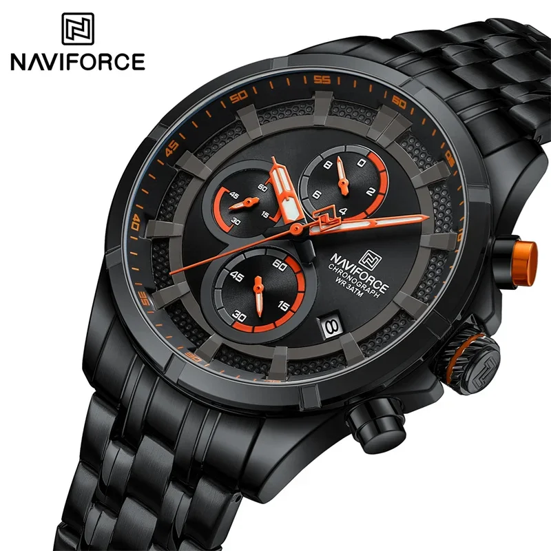 NAVIFORCE NF8046 Luxury Men Watch Waterproof Luminous Sport Stainless Steel Strap Date Quartz Wristwatch Chronograph Clock