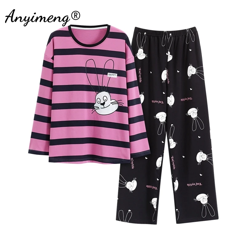 Cute Rabbit Print Cartoon Pajamas Autumn Winter Woman Pajama Sets Long Sleeves Full Pants Girl Nightwear Soft Women Pijamas