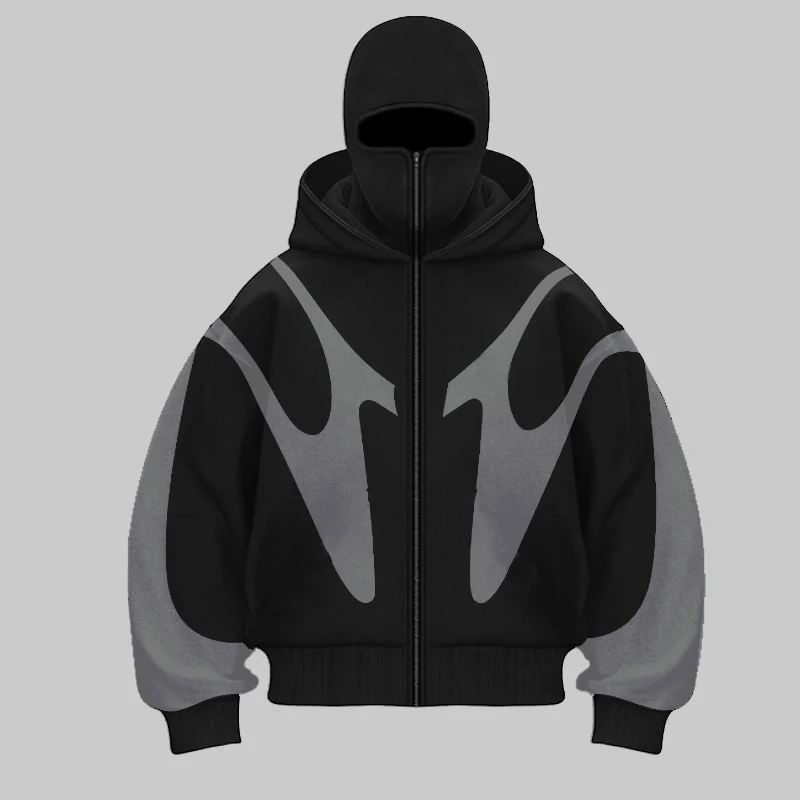 2024 Herbst und Winter neuer gespleißter, kontrastierender Hip-Hop-Hoodie, Doppelhut-Hoodie, warmes und winddichtes Design, Sinn für Y2K-Hoodie-Design