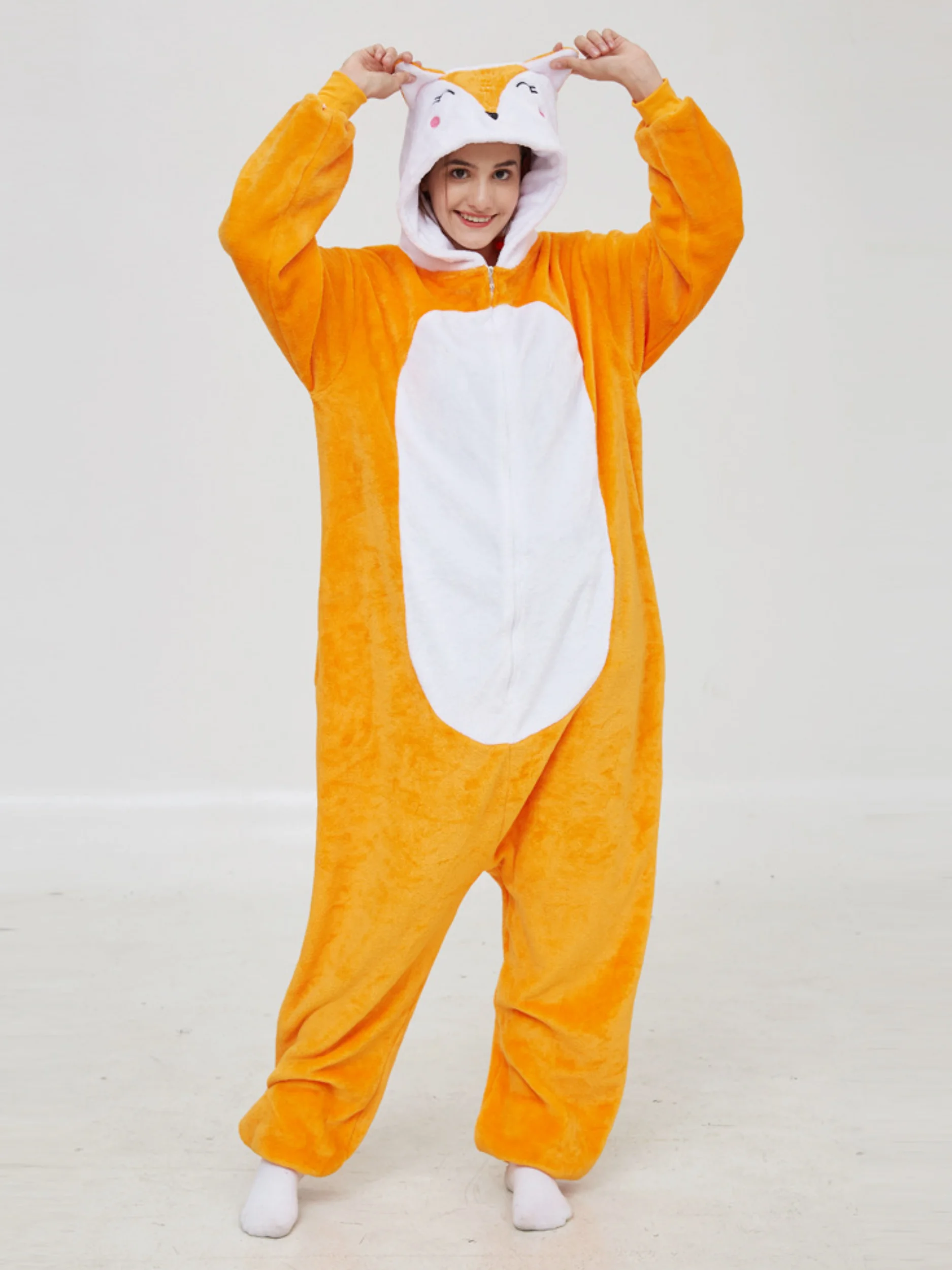 Animal Fox Onesie Bodysuit Winter Flannel Hooded Sleepwear Unisex Jumpsuits Homewear Women Men Kids One Piece Cosplay Costume