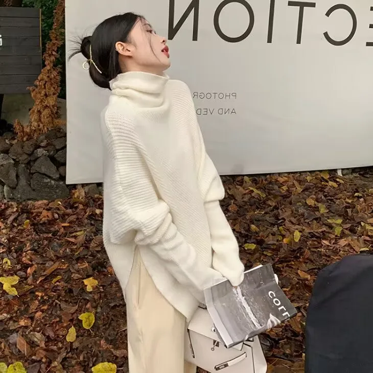 불규칙한 터틀넥 니트 스웨터 2025 가을 겨울 여성 두꺼운 풀오버 스웨터 한국 스타일 하이 스트리트 니트 스웨터