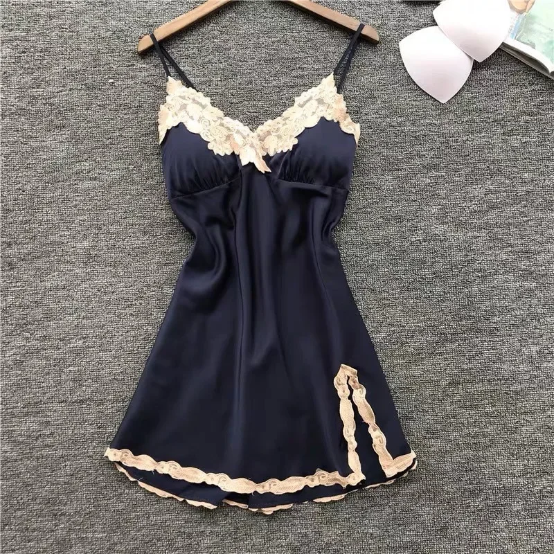 Satin Suspender Skirt Sleepwear Women Nightdress Silky Lace Nightwear Intimate Lingerie Sexy Nightgown Casual Home Dressing Gown