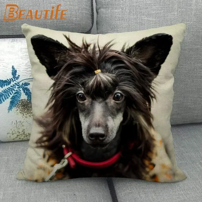 Custom Chinese Crested Dog Pillowcase 45X45cm Wedding Decorative Eco-Friendly Cotton Linen Fabric Pillow Case