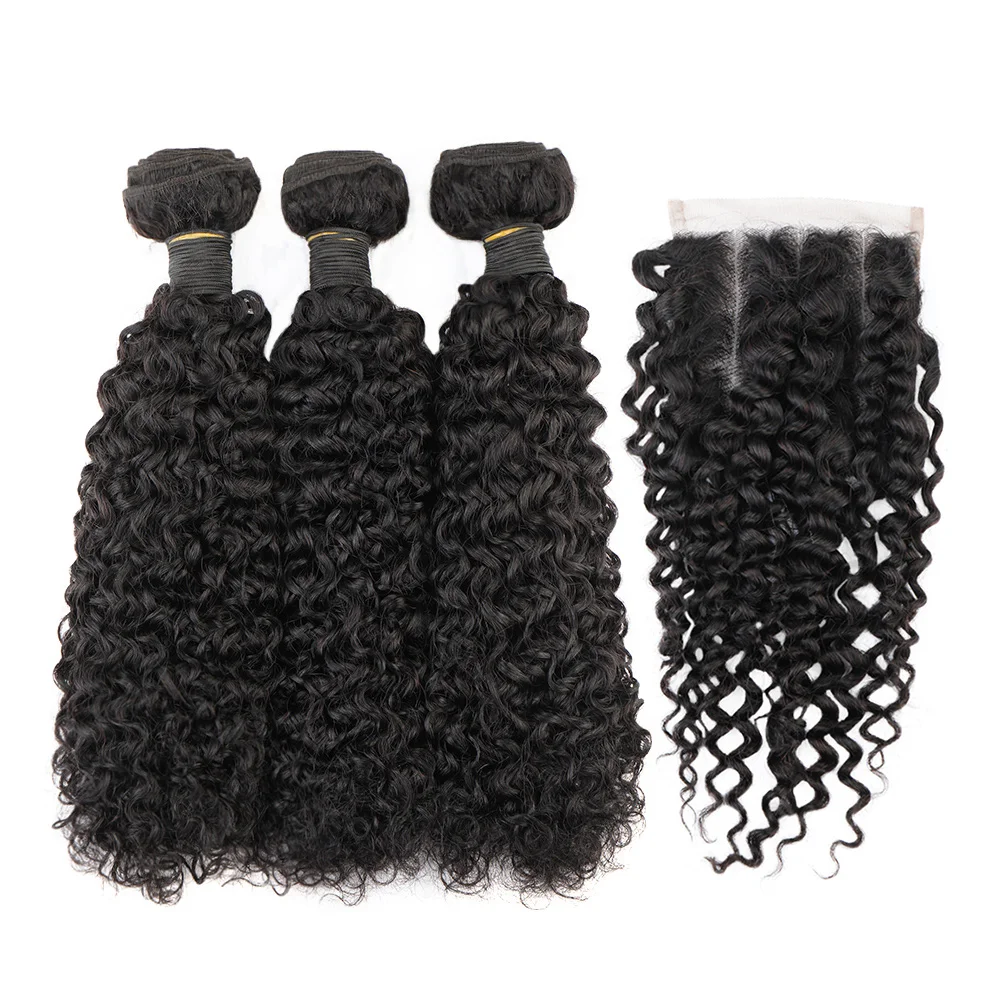 Bliss Mongolian Curl Bundles Brazilian Remy Water Wave Human Hair Bundles with Closure 4x4 Lace Frontal Closure Wigs for Women