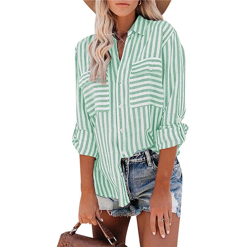 ASDS-gestreepte button-down damesoverhemden, casual stijlvolle blouses met lange mouwen en V-hals, tops met zakken