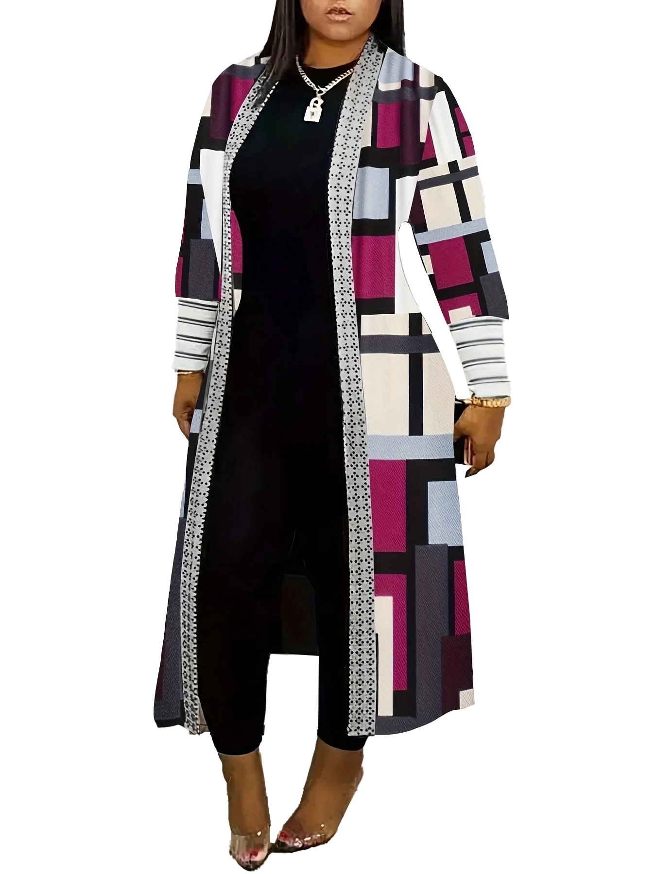 Plus Size Casual Coat, Women's Plus Colorblock Geometric Print Long Sleeve Open Front Cardigan