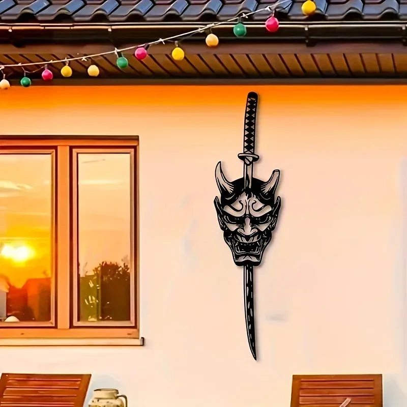 2D Flat, Art Deco Samurai Sword & Demon Mask Wall Hanging - Cast Iron Metal Indoor/Outdoor Decor for Bedroom, Garden, Patio