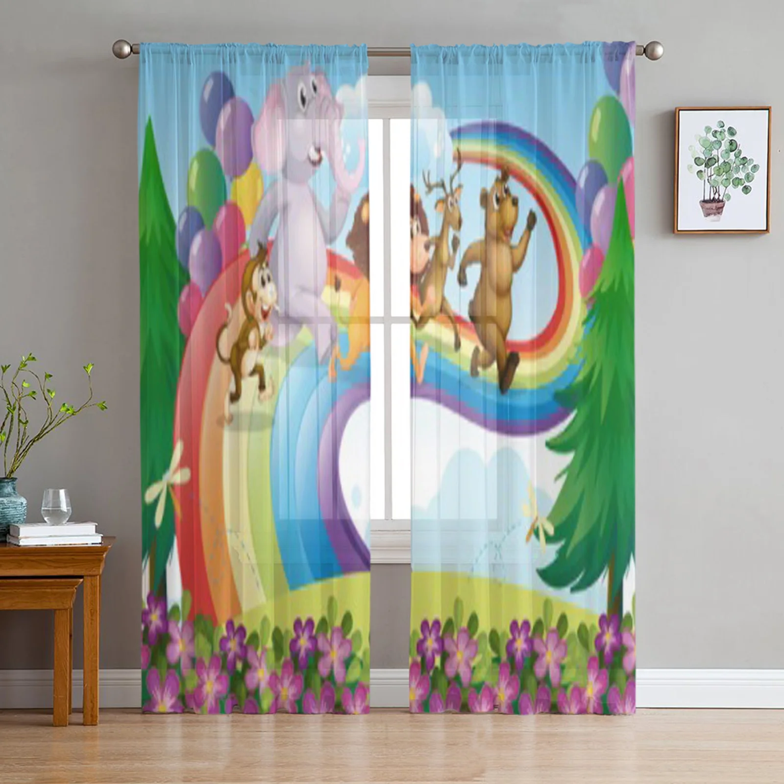 Illustration Of A Group Of Animals At The Rainbow Bay Window Screening Curtains Voile Drape Sheer Tulle for Living Room Bedroom