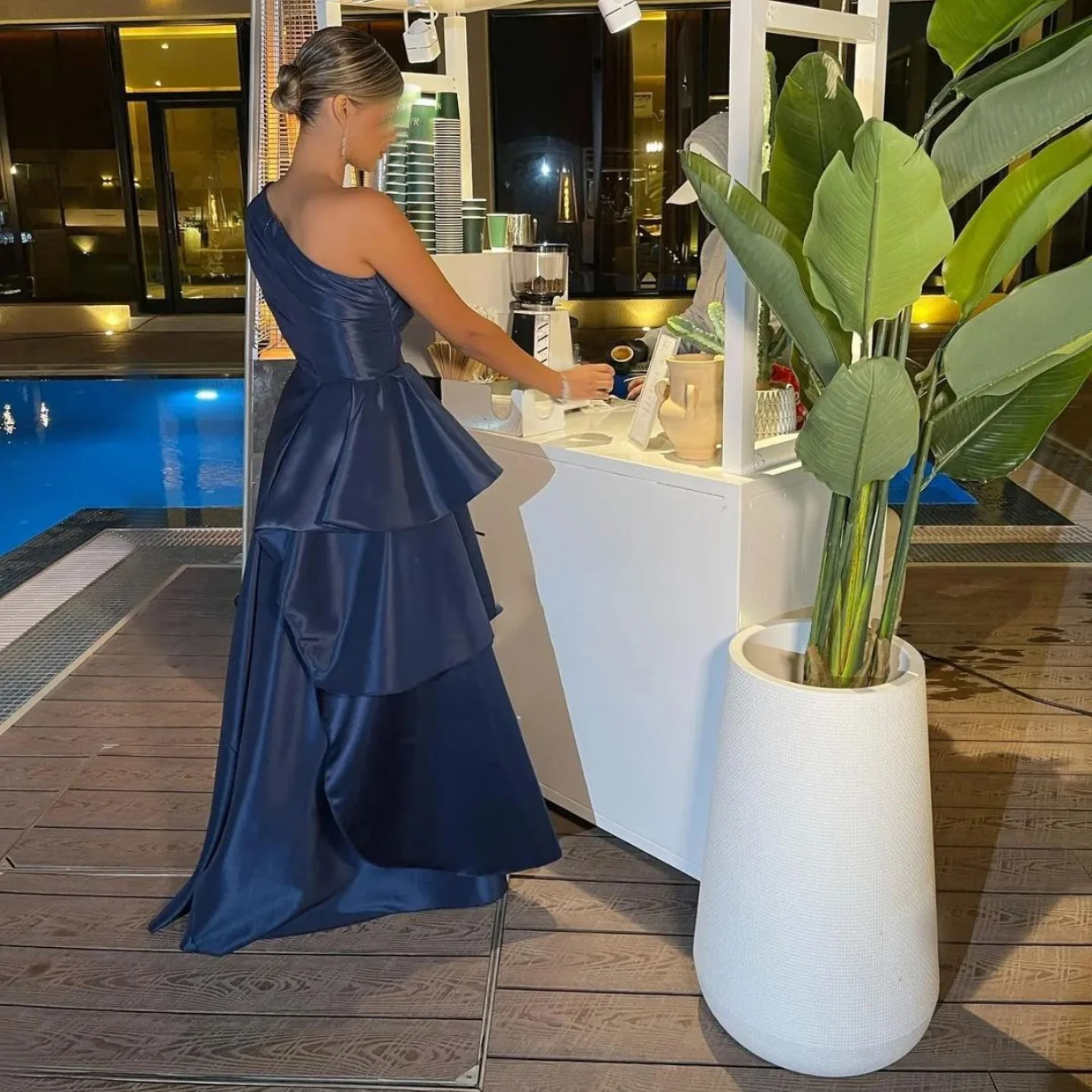 Elegante vestido de noche musulmán de un hombro para mujer, traje largo de tafetán, Color Azul Marino