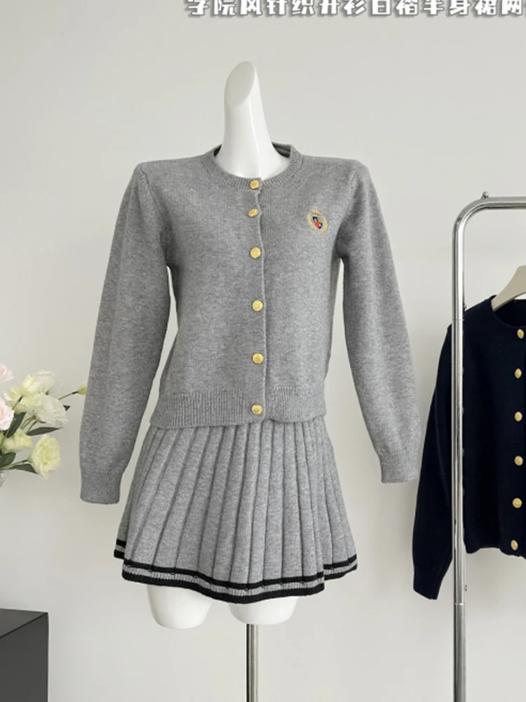 Autumn Winter Women Old Money Aesthetic Preppy Outfits 3 Piece Set Vintage Embroidery Cardigan Sweaters + Mini Pleated Skirts