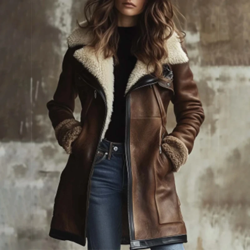 

Winter Women Faux Leather Coat Fashion Turn Down Collar Zipper Long Sleeve Coats Lady Street Outwear Mid Length Thick Warm Coat