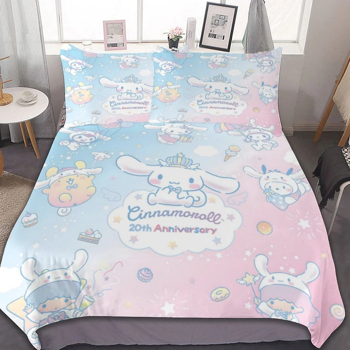 Sanrio-Juego de funda de edredón Cinnamoroll, Juego de 3 piezas con funda de almohada, ropa de cama para niños, edredón 100% poliéster, decoración de habitación