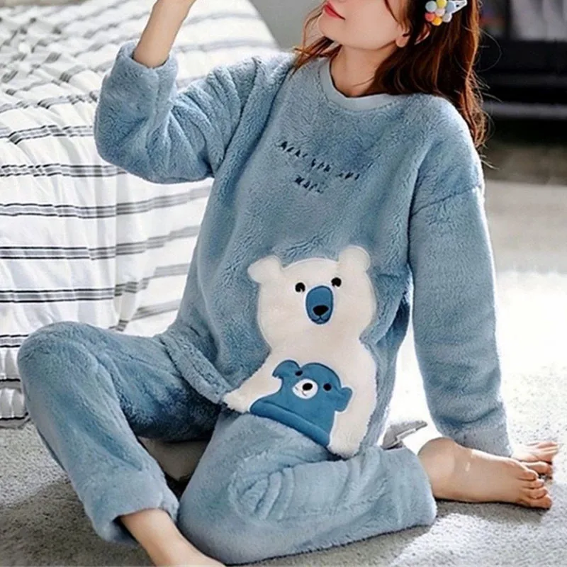 Thickened Warm Flannel Autumn Winter Plus Size Pajamas 2xl Long-Sleeved Suit Blue Cartoon Bear Homewear School Loungewear