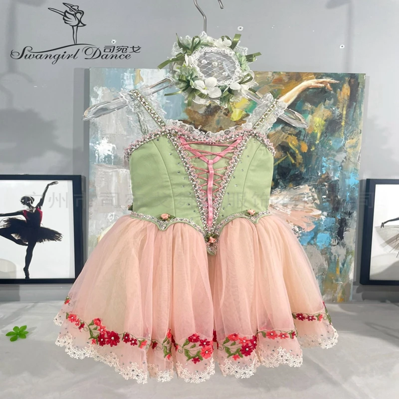 Zielono-różowa profesjonalna baletowa romantyczna sukienka dla dziewcząt baletnica BT4381