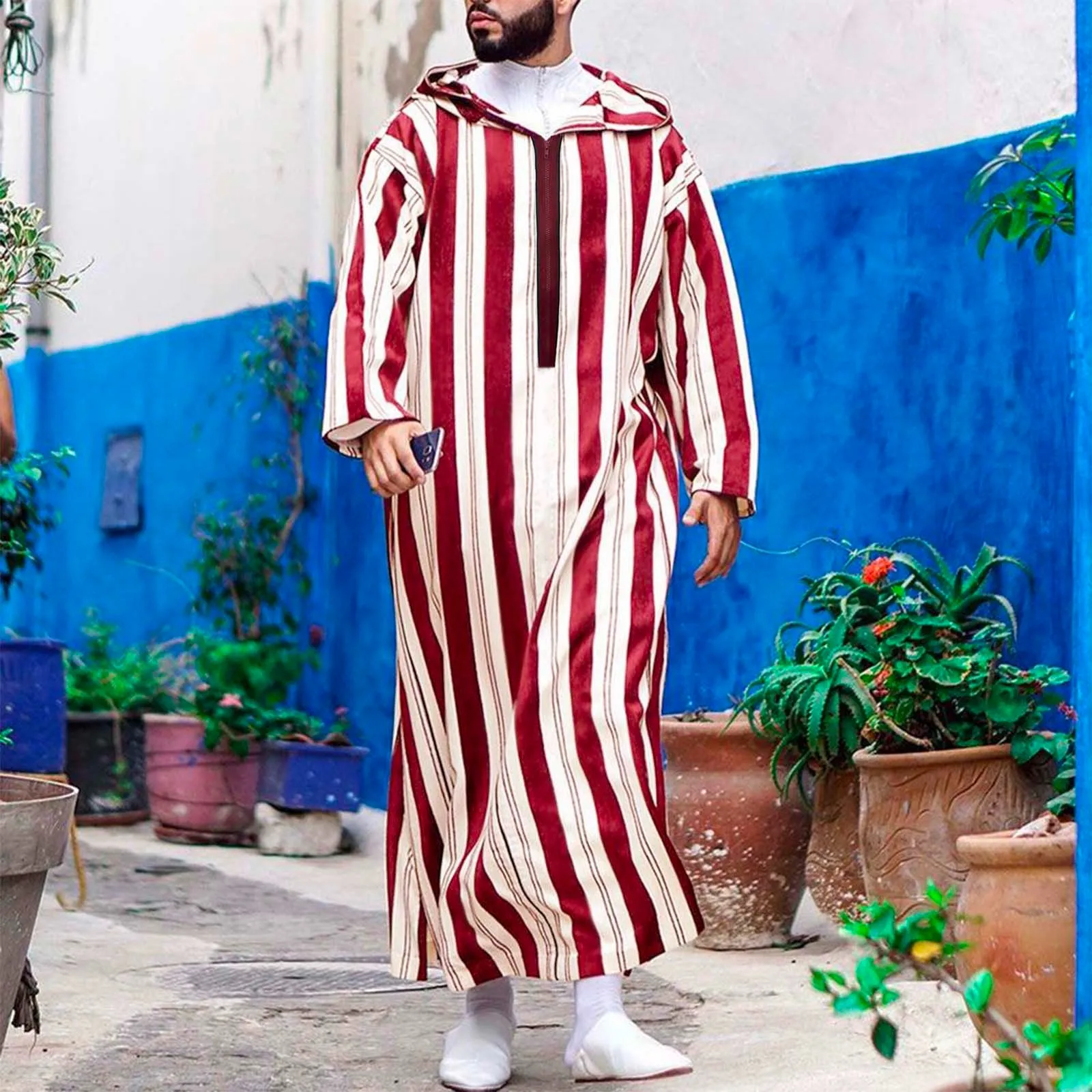 

Fashion Men Muslim Clothing Hooded Robes Casual Loose Striped Printed Long Sleeve Zip Abaya Ramadan Middle East Arab Dubai Robe