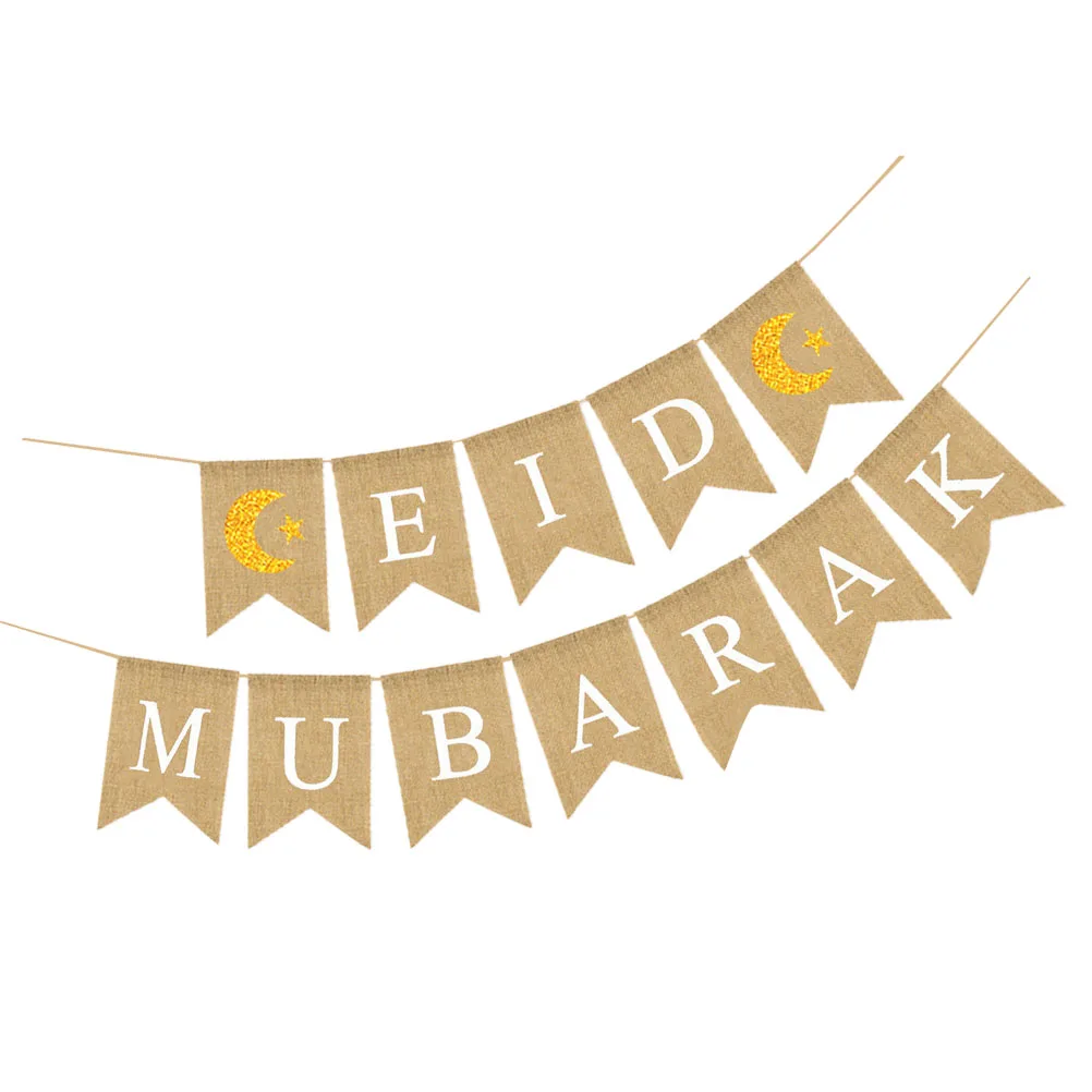 

Eid Mubarak Banner Bunting Muslim Party Decoration Ramadan Celebration Burlap Flags Hanging Cloth Festive Ornaments Home Office