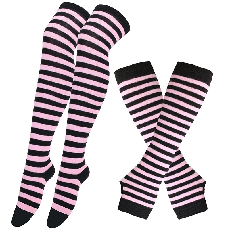 1 Set Women Girls Over Knee Long Stripe Printed Thigh High Cotton Socks Arm Sleeve Gloves Sweet Cute Plus Size Overknee Socks