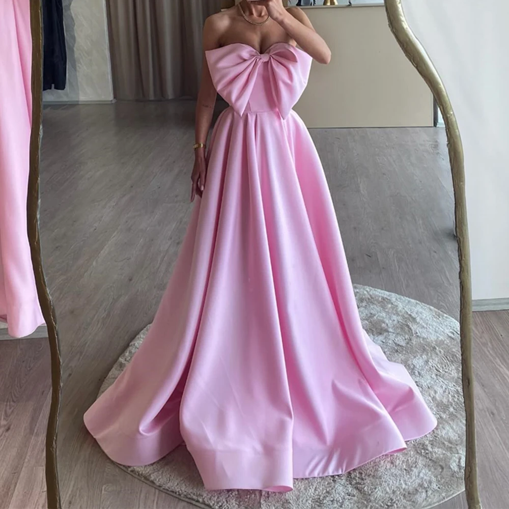 

Customized Graceful Pleats Piping Bow Strapless Evening Dresses Temperament A-Line Jersey Pink Party Gowns vestidos de fiesta