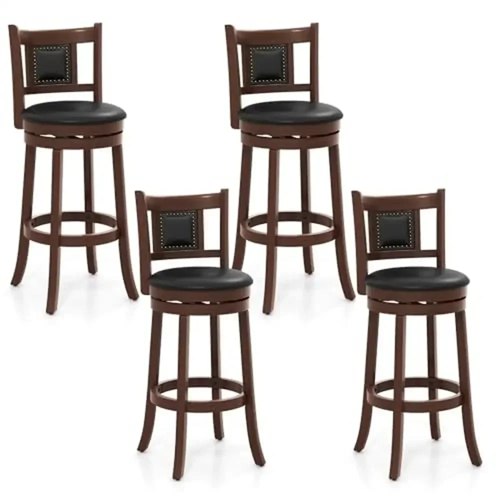 Swivel Bar Stools Upholstered Curved Backrest Cushioned Seat Solid Rubber Wood Legs 30.5” Set of 4