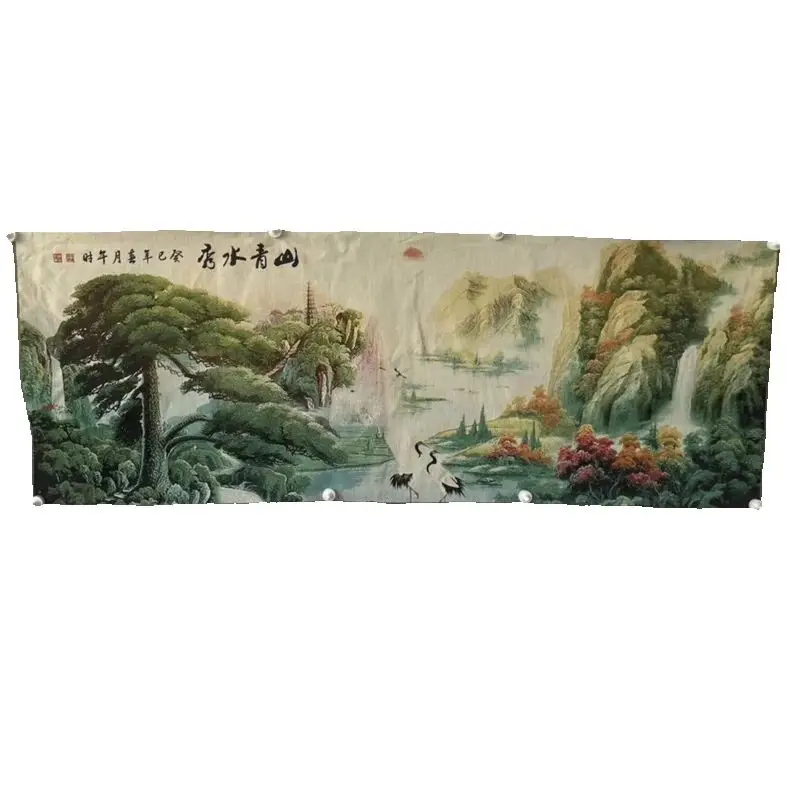 Chinese Old Color Brocade Embroidery Landscape Painting 'Green Mountains And Clear Waters' Decorative Home Artwork Wall Piece