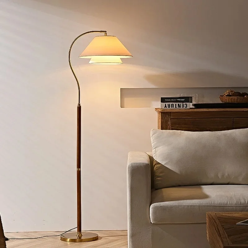 Vintage Curved Arm Fishing Floor Lamp Double Layer Fabric Lampshade Wood Pole Standing Reading Lamp