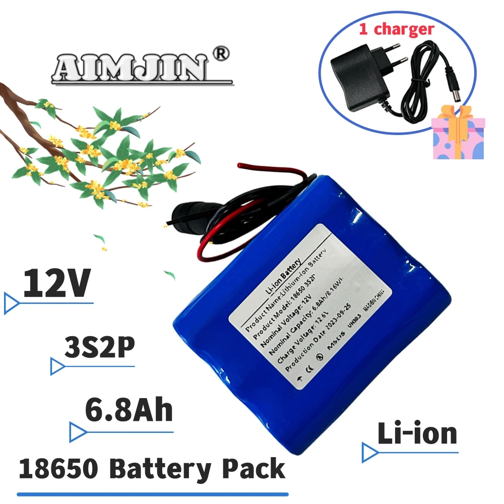 

12V 6800mAh 18650 3S2P Lithium-ion Rechargeable Battery Pack 12.6V Charging Battery + charger