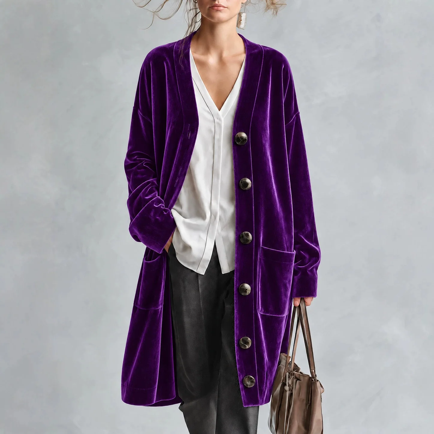 Autumn Winter Women's Velvet Cardigan Coat Long Sleeve V-Neck Top Casual Loose Outerwear Office Street Outfit