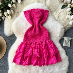 Sexy sleeveless tube top pleated cut out Embroidery ruffle Dress Chic Vintage Evening Party Women Chic summer sweet dresses