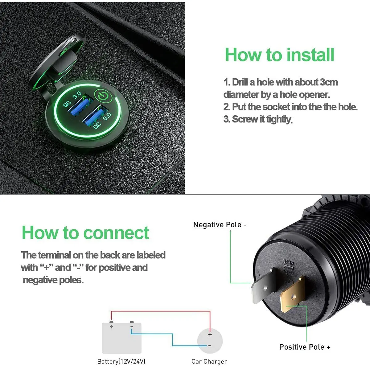 Enchufe de cargador USB Dual QC 3,0, salida USB impermeable de 12V/24V con Interruptor táctil para coche, marino, barco, RV, motocicleta, Verde