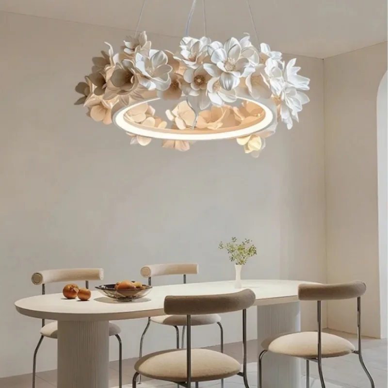 French Round Floral Decor Chandelier Cream Restaurant Living Dining Room Kitchen Table White Resin Double Hanging 1 sold 100K+ s