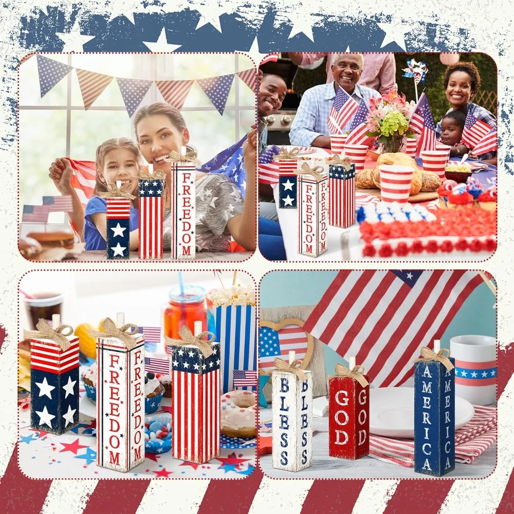 Patriotic Wood Block Sign Vintage 4th of July Tiered Tray Decor Rustic Farmhouse Memorial Day Independence Day Table Centerpiece