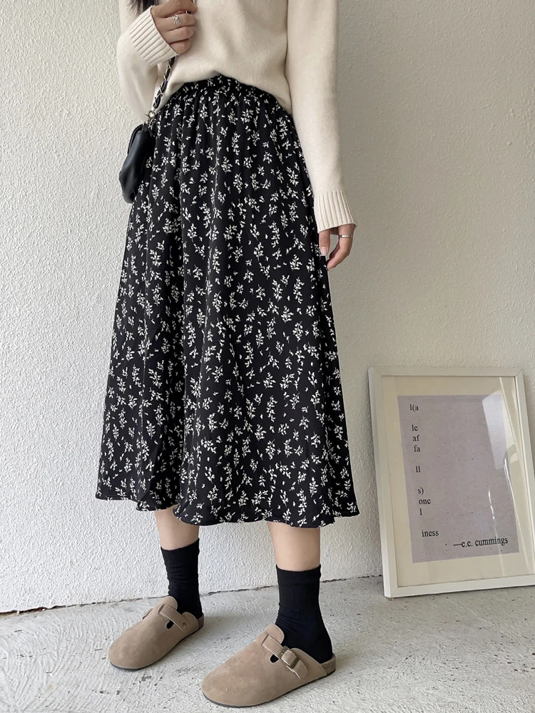 Soft Black Floral Skirts French A-line Bustier Women Autumn Winter Medium-length Skirt Classic Elastic Waist Midi Skirt for Lady