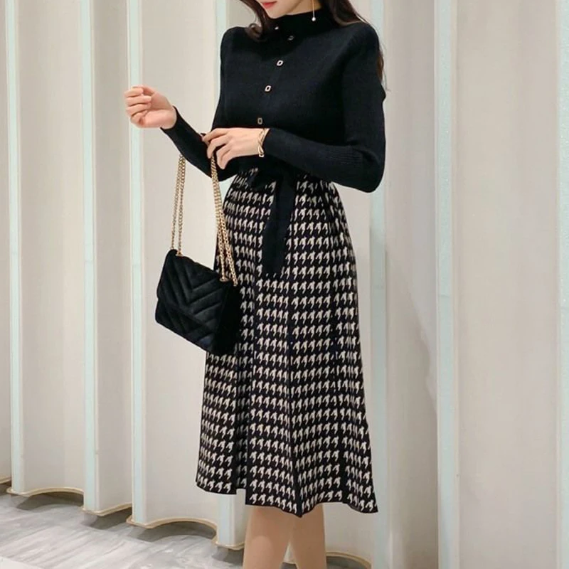 Women Korean Fashion Houndstooth Bow Lace Up Elegant Chic Knitted Dresses Autumn Winter Half High Collar Slim Long Sleeve Dress