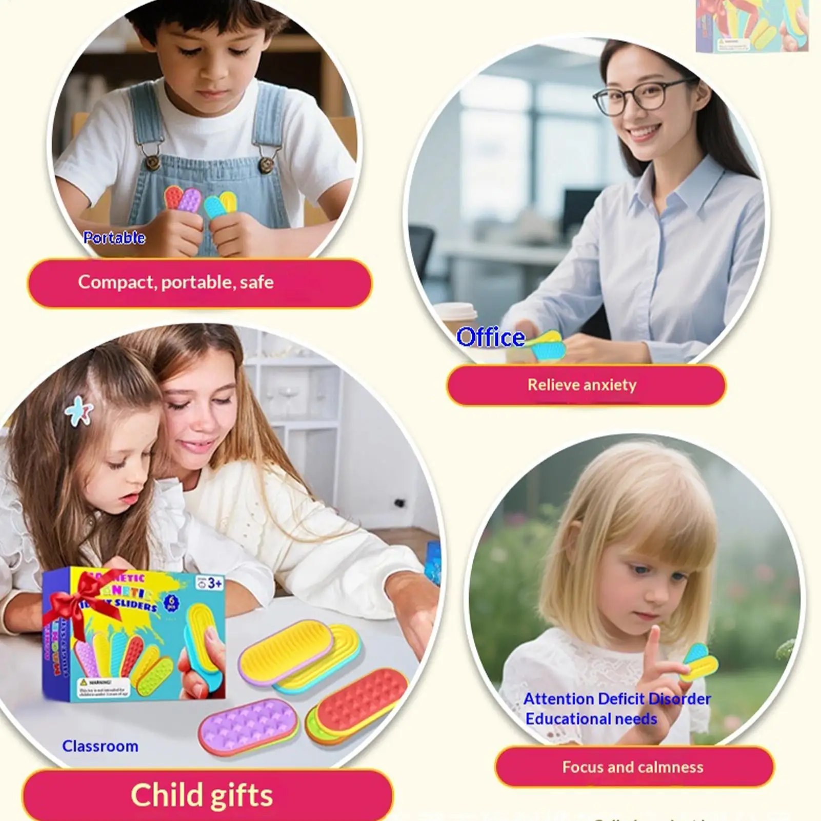 Hand Fidget Slider Toy 6 Pieces Relaxation Magnetic Adults Finger Sensory Sliding Toy For Women Men Family Children Boys Girls