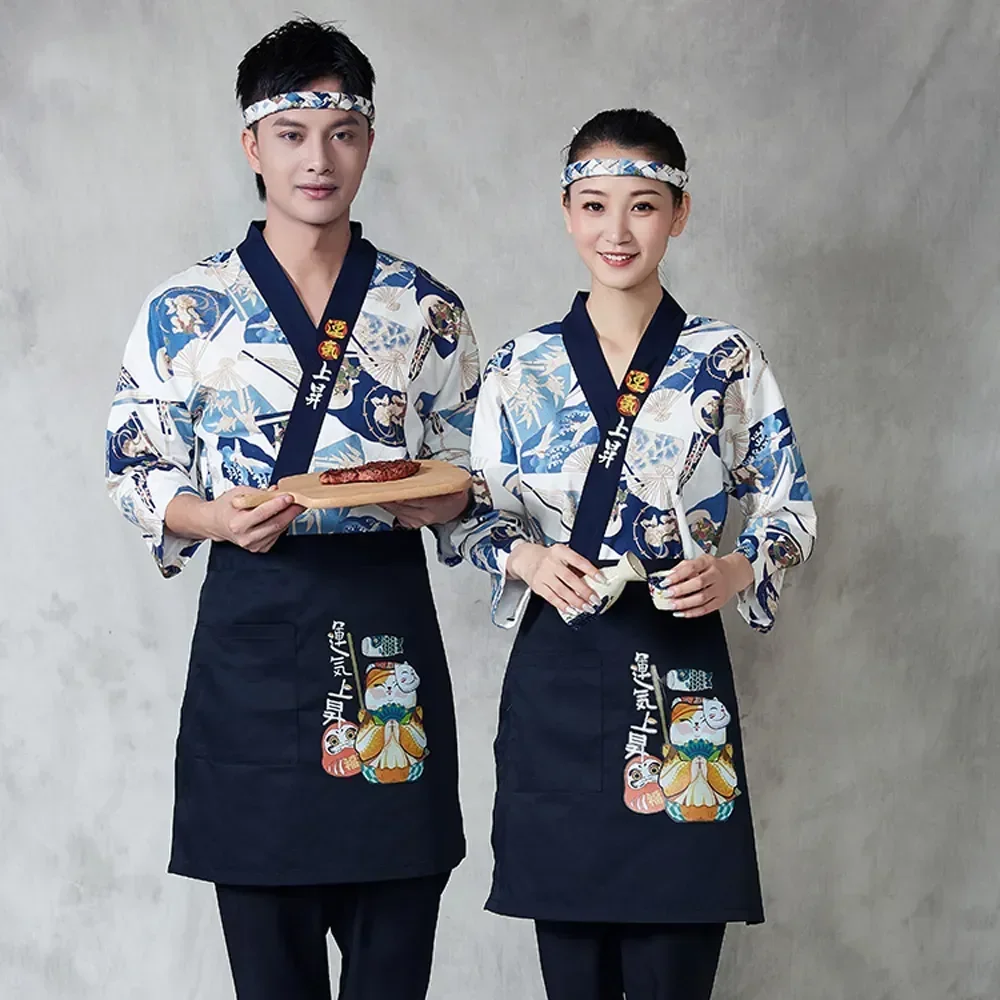 Jackets Apron Japanese Women Clothes Headband Waiter Men Sushi Chef Cook Kitchen Work Tops Style Restaurant Uniform Robes